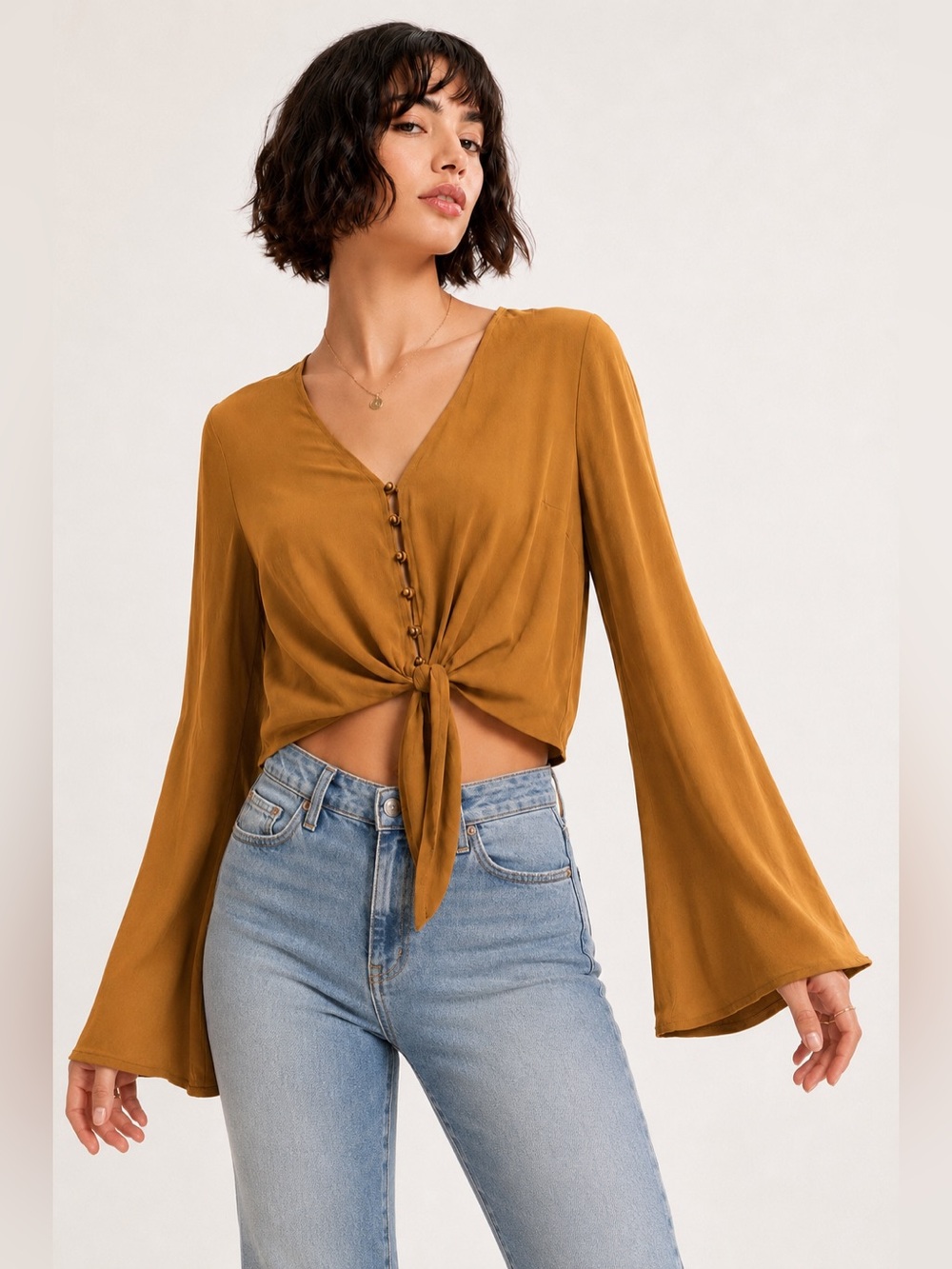 Urban Romantics Mustard Ochre Boho V-Neck Tie Front Bell Sleeve Blouse Size S